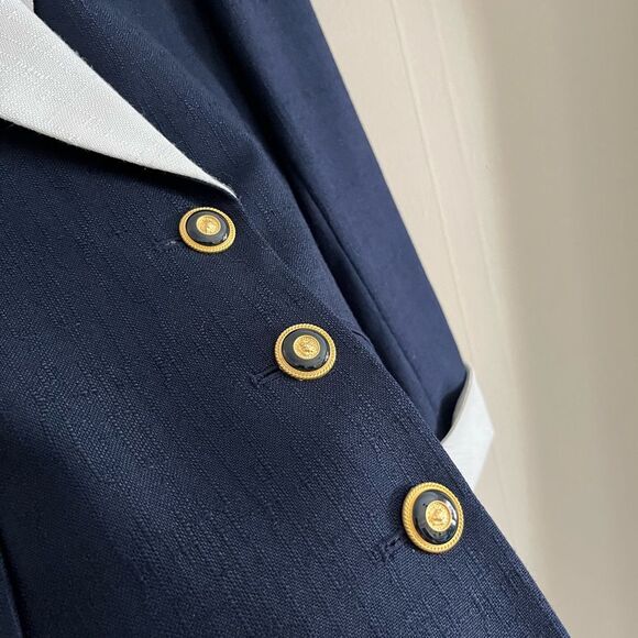Vintage Kasper Navy White Skirt Suit Set Gold Buttons Blazer 80s Size 4 - Picture 5 of 15
